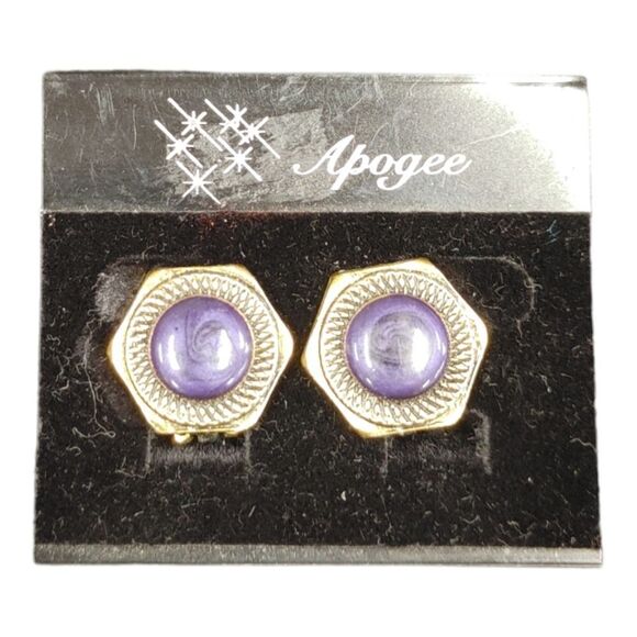 LADIE'S APOGEE GOLD TONE AND PURPLE CLIP ON EARRINGS. - Picture 1 of 2